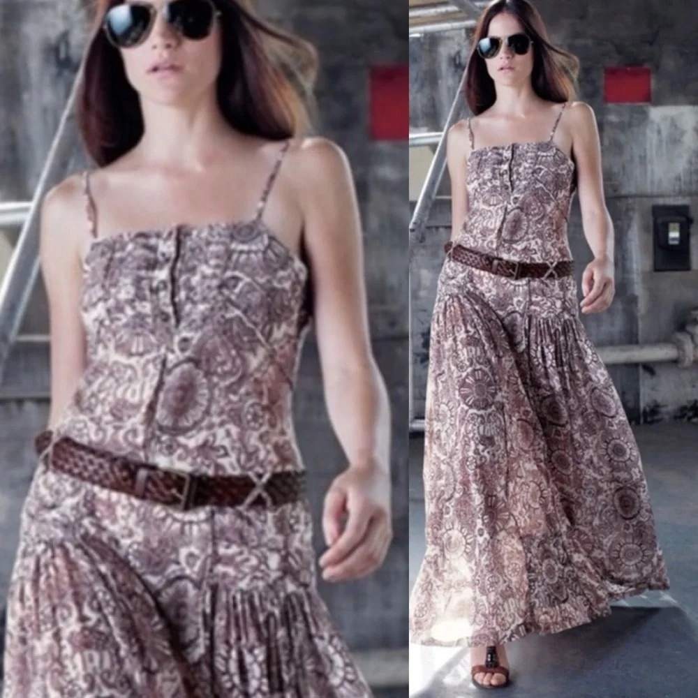 L.A.M.B. Maxi Dress 10 Cream Brown Paisley Floral Boho Spring 2009 Gwen Stefani